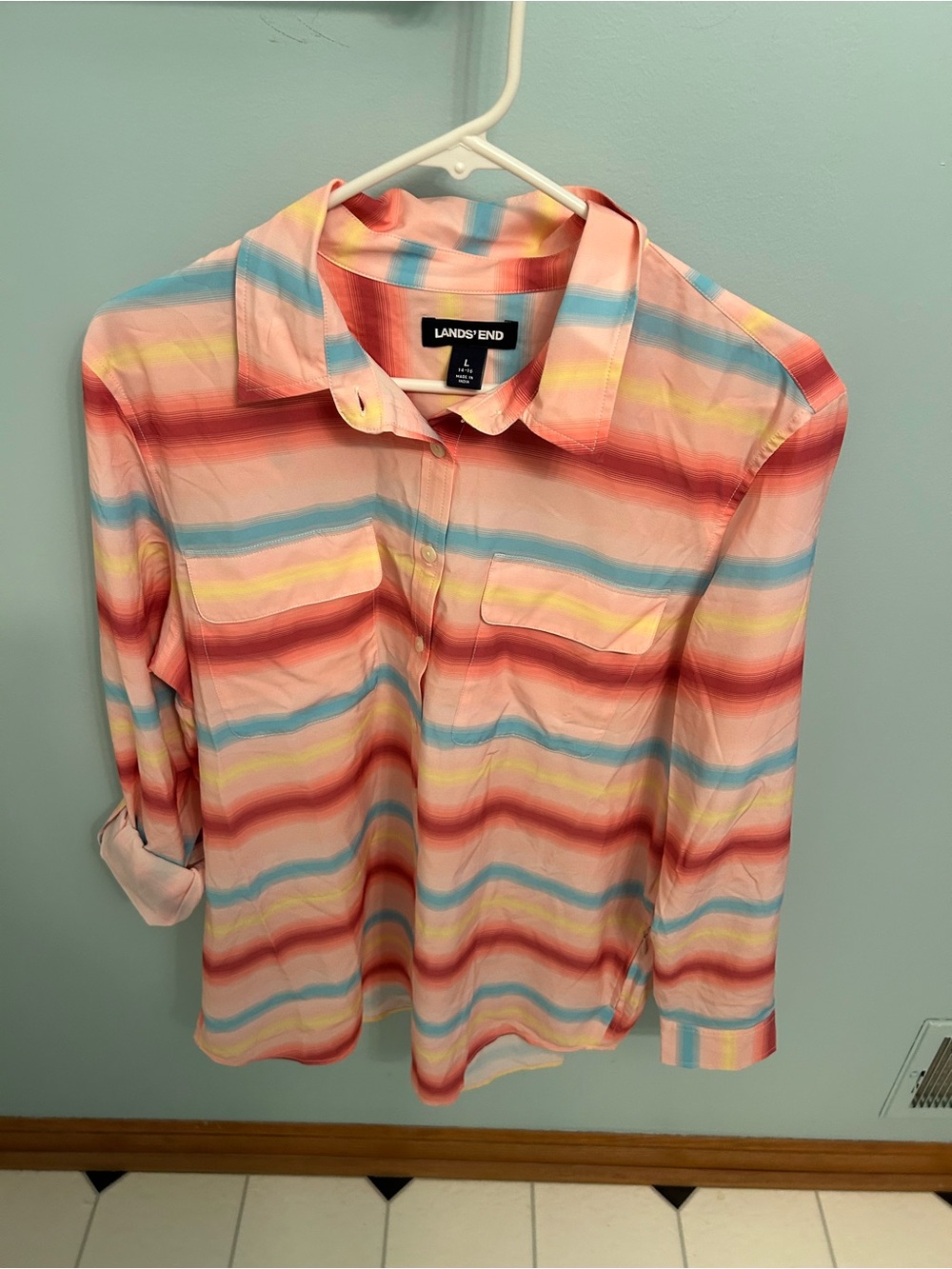 Lands' End Coral-Striped Collared Shirt